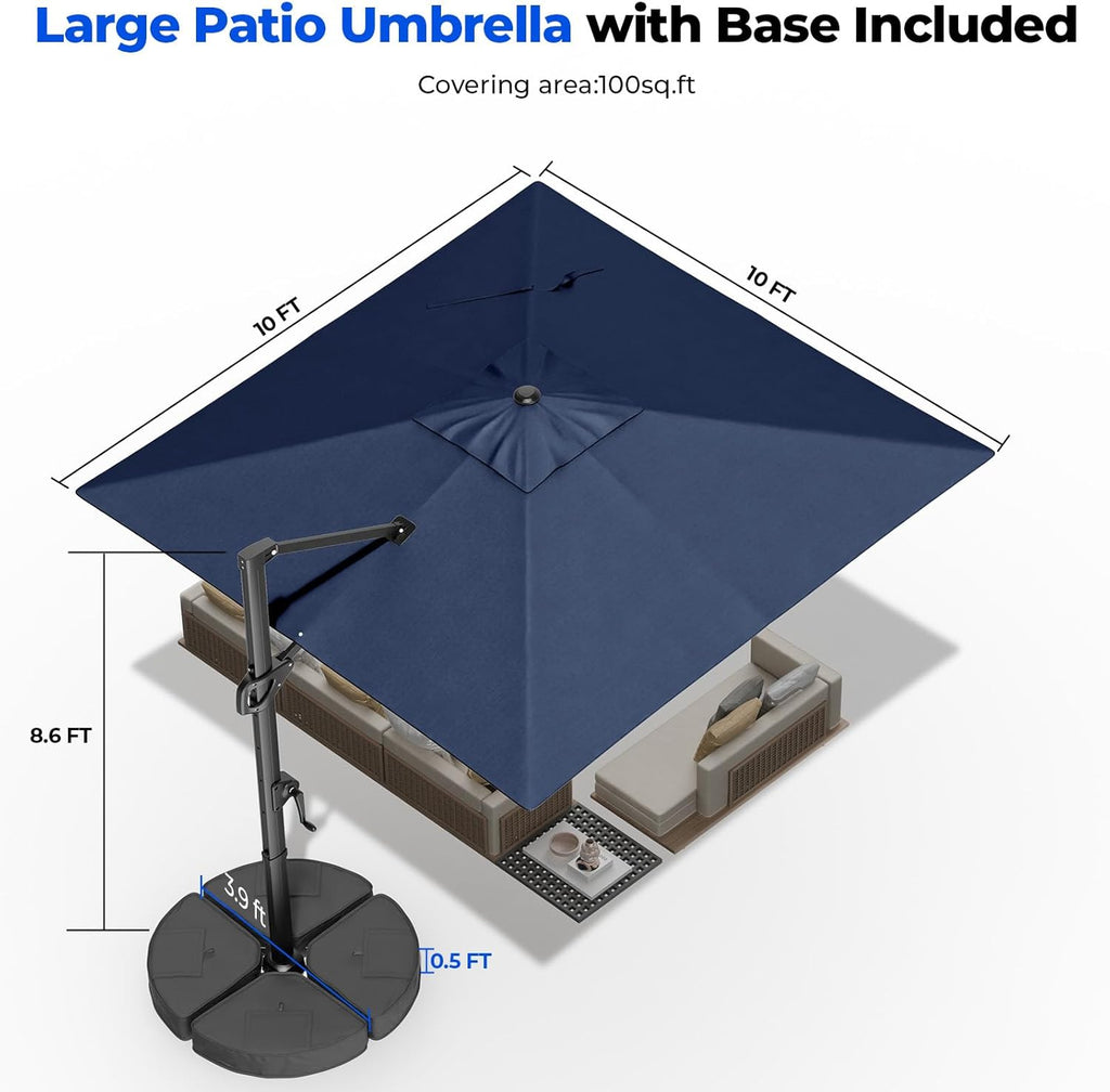HOMSHADE 10x10 FT Cantilever Patio Umbrella Outdoor with Base- Large Offset Heavy-Duty Aluminum Umbrella with 360° Rotation, 6 Tilts, Windproof, 3-Year Fade Resistance for Pool Deck, Square, Navy Blue