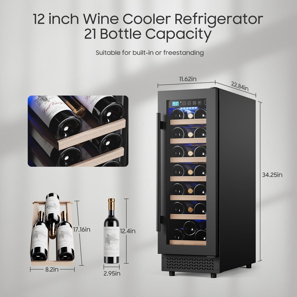 12" Wine Cooler Refrigerator 21 Bottle Wine Fridge Built-in or Freestanding with Double-Layer Tempered Glass Door Compressor quick cooling, Low Noise
