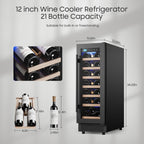 12" Wine Cooler Refrigerator 21 Bottle Wine Fridge Built-in or Freestanding with Double-Layer Tempered Glass Door Compressor quick cooling, Low Noise