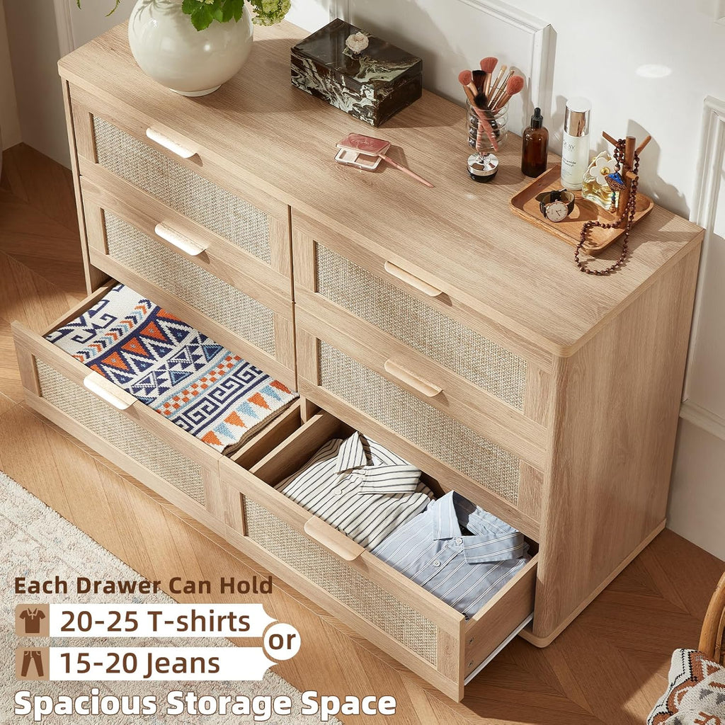 LEYAOYAO Rattan Dresser and Nightstand Sets 3 Piece, Boho Wood Dresser for Bedroom with 6 Drawers and Night Stand with 3 Drawer, Bedroom Furniture, Dressers & Chests of Drawers, Living Room, Hallway