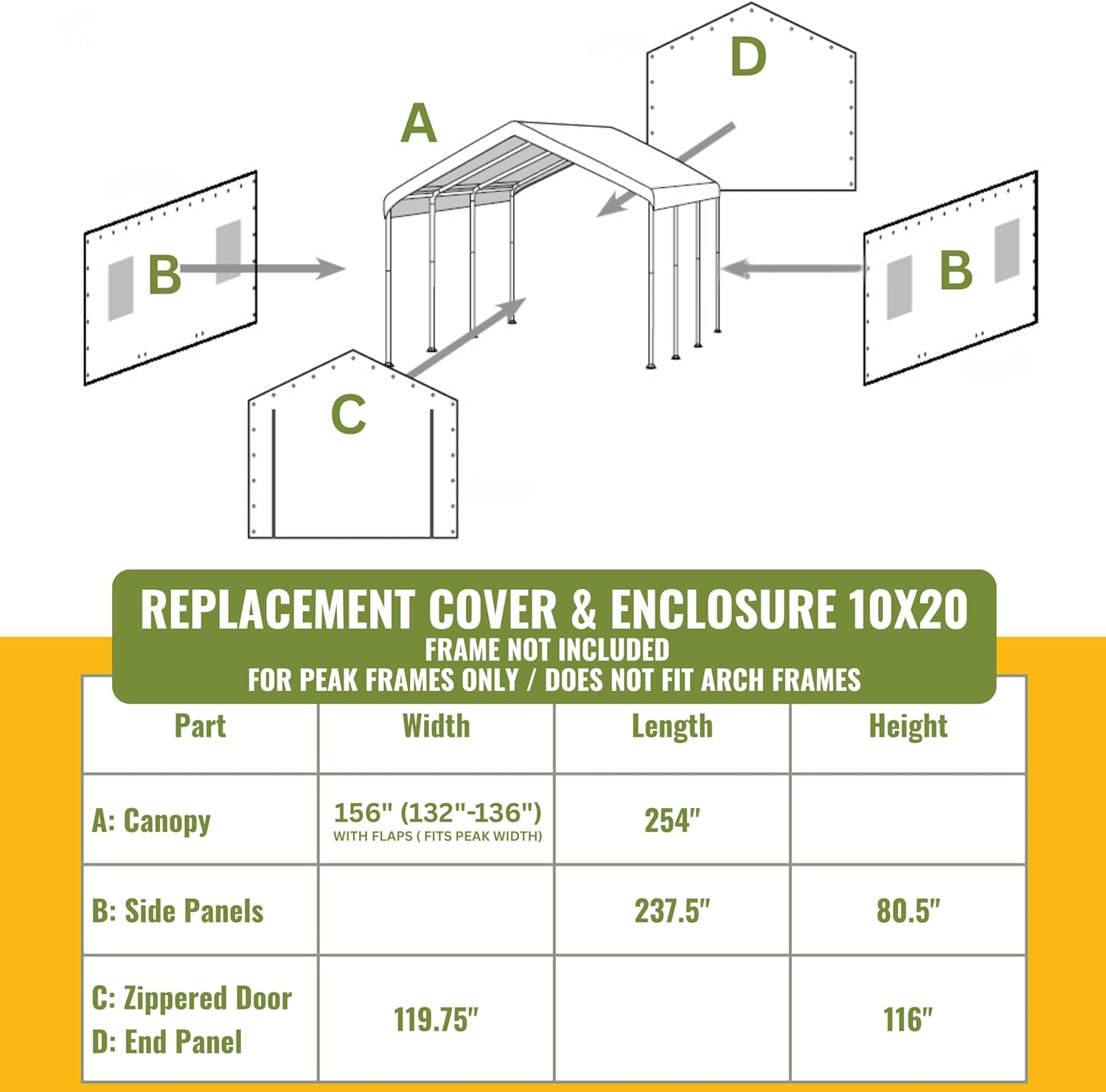 10x20 ft Carport Replacement Canopy Cover with Enclosure Kit - Heavy-Duty Waterproof Polyethylene Tarp with UV Protection, Easy Install Shelter Top with Sidewalls & Windows (Frame NOT Included)