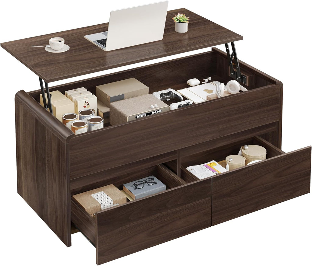 Coffee Table Lift Top with 2 Drawers, 40 Inch Multi-Function Coffee Table with Hidden Compartment, Curved Profile Design, Converts to Home Office Table for Living Room, Walnut