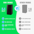DEMULLER 2.4 Cu.Ft Mini Fridge with Freezer & Double Door Small Tiny Size Refrigerator with 7 Temperature Control Knob Only Suitable for One Person Use Black