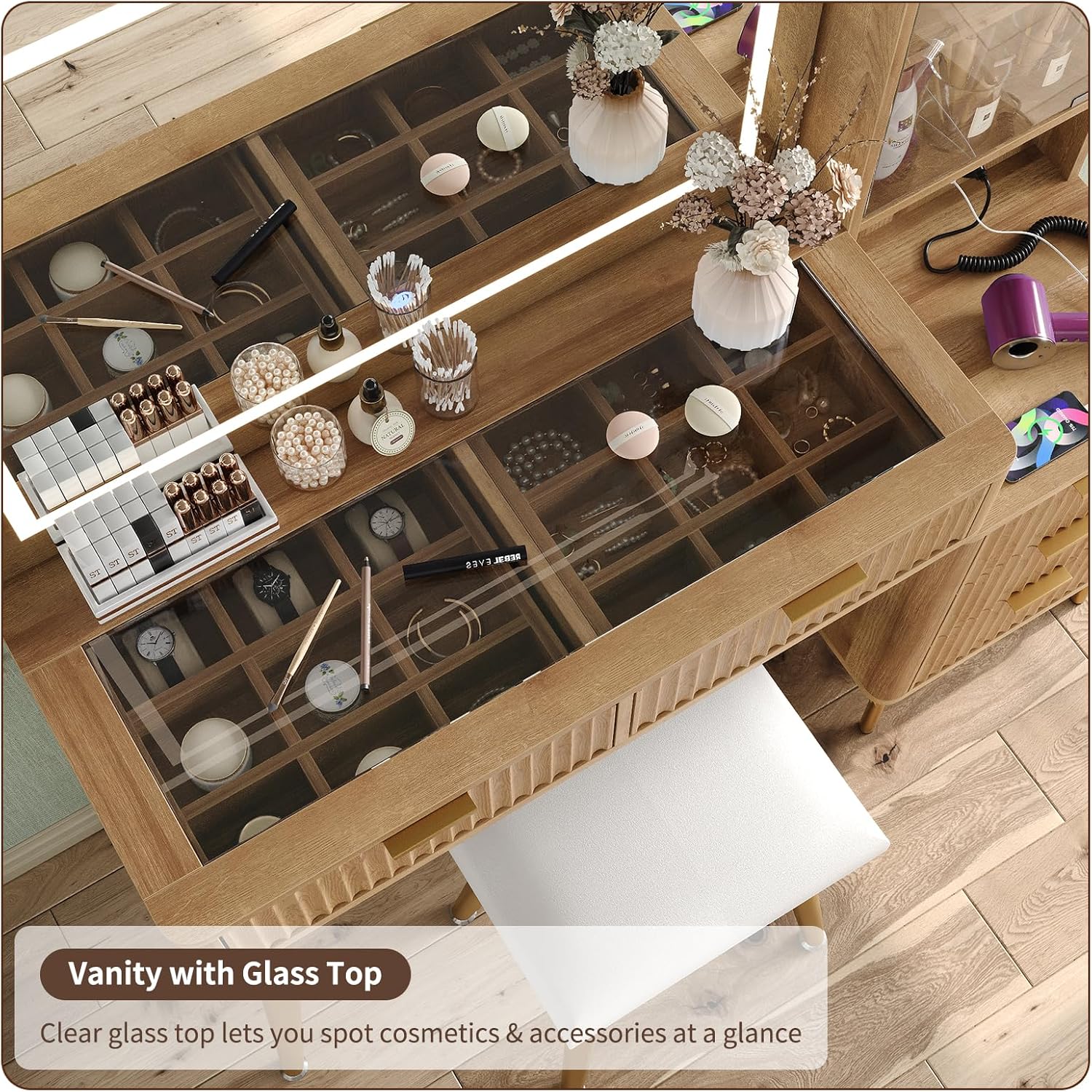47.2'' Fluted Makeup Vanity with LED Mirror, 5 Drawers Vanity Desk with Charging Station, Jewelry Storage Cabinet, 3 Lighting Modes, Glass Top Vanity with Chair for Bedroom, Natural