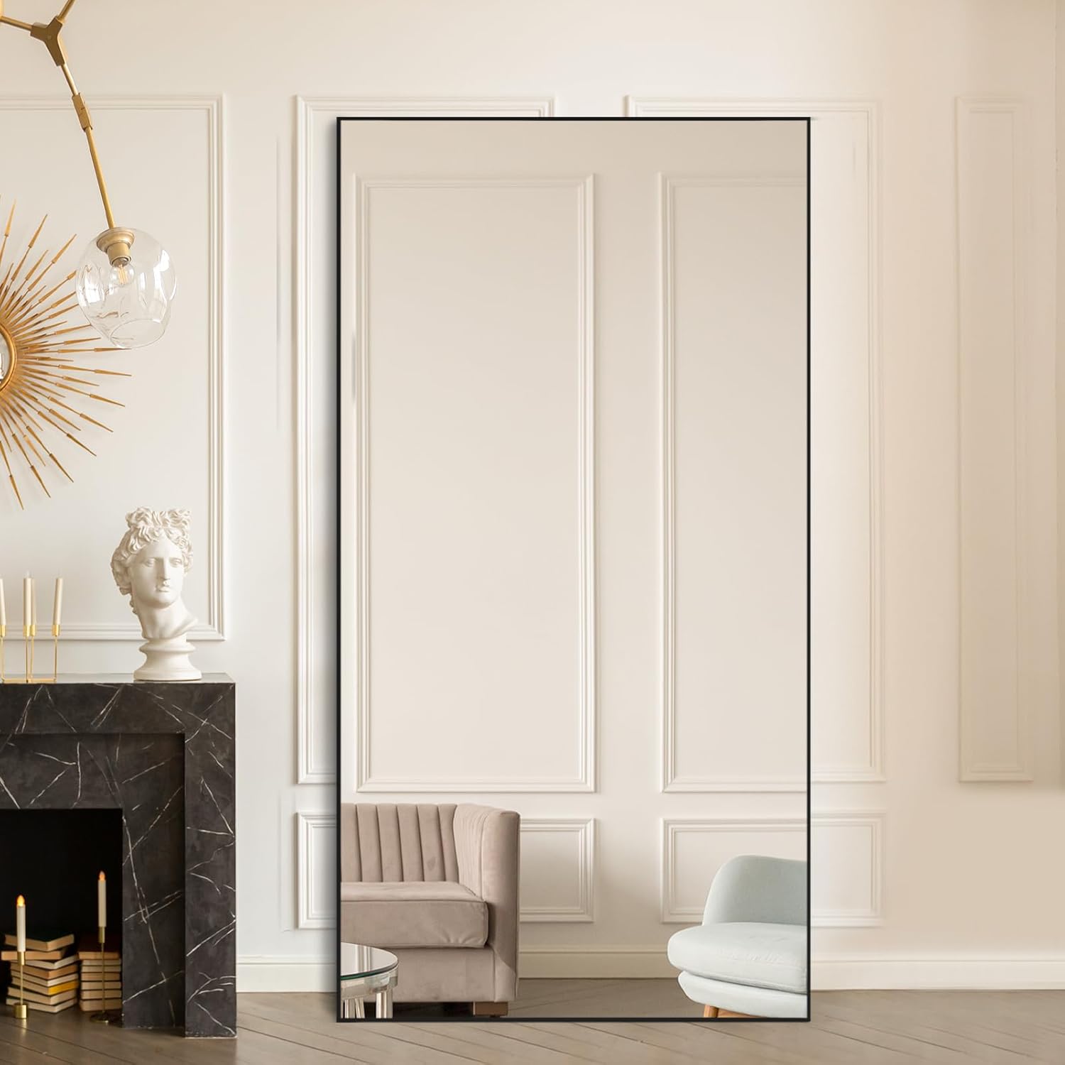 Beauty4U 76" x 34" Large Full Length Mirror with Stand, Black Wall Mounting Full Body Tempered Mirror for Living Room, Bedroom
