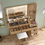 47.2'' Fluted Makeup Vanity with LED Mirror, 5 Drawers Vanity Desk with Charging Station, Jewelry Storage Cabinet, 3 Lighting Modes, Glass Top Vanity with Chair for Bedroom, Natural