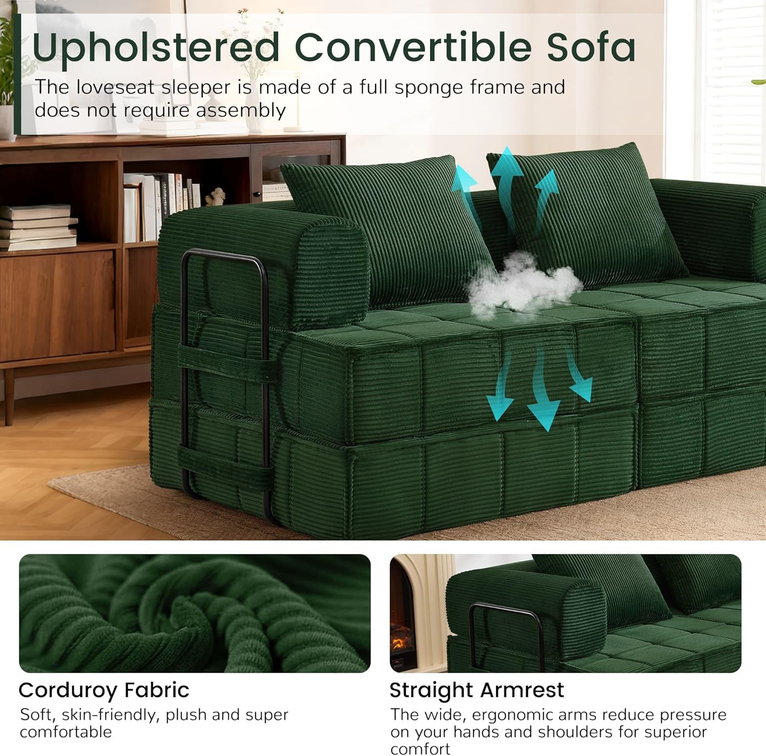 6-in-1 Convertible Sleeper Sofa Bed, Corduroy Folding Mattress Couch with Fixed-Shape Frame, Modular Foldable Boneless Couch, Loveseat Couches with 2 Pillows, for Living Room, Bedroom, Green