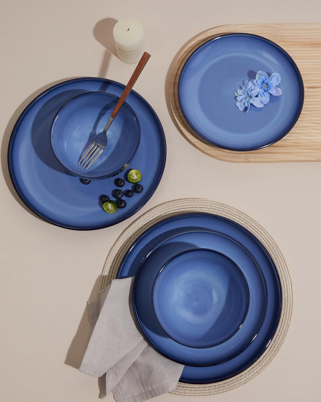 Pokini Blue Stoneware Dinnerware Set, 12 pcs Reactive Glaze Plates and Bowls Sets, Handmade Round Dishes Set for 4, Highly Chip and Crack Resistant Modern Plate Set