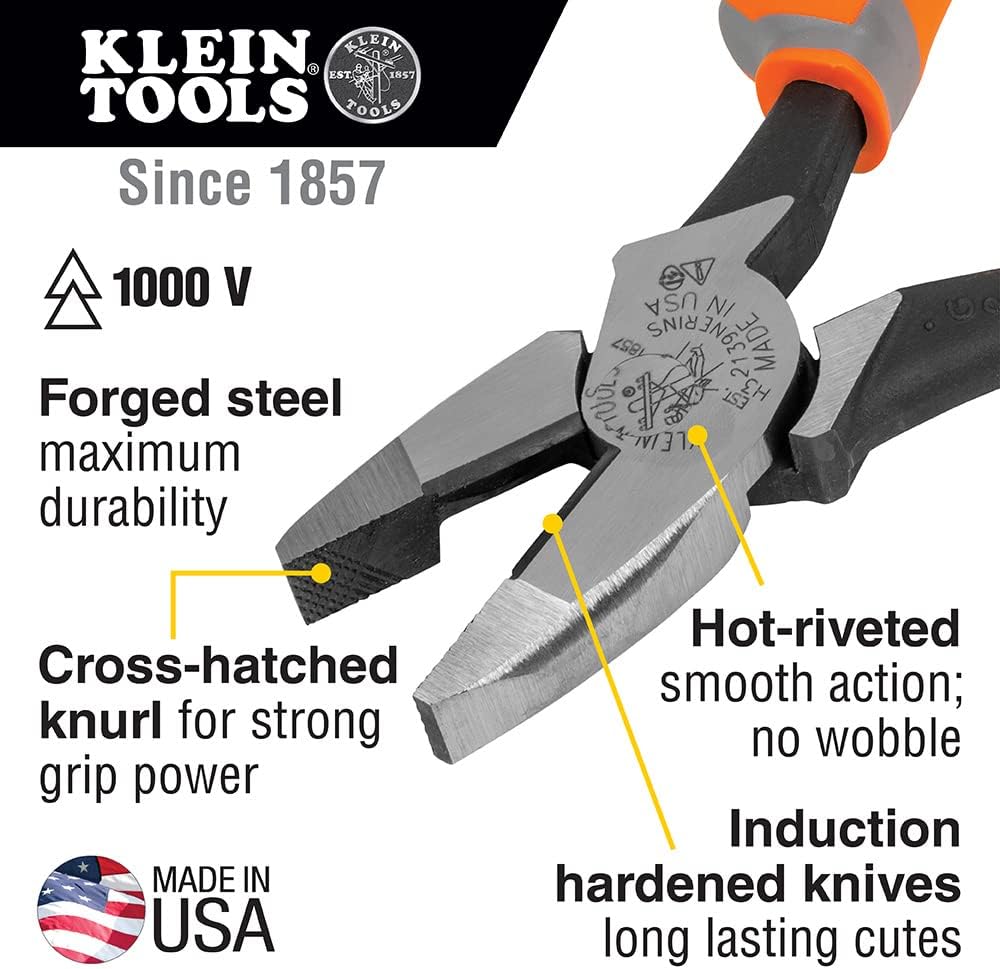 Klein Tools 9420R 1000V Insulated Plier Tool Set, Made in USA, with Long-Nose, Side-Cutting, and Diagonal Cutting Pliers, 3-Piece