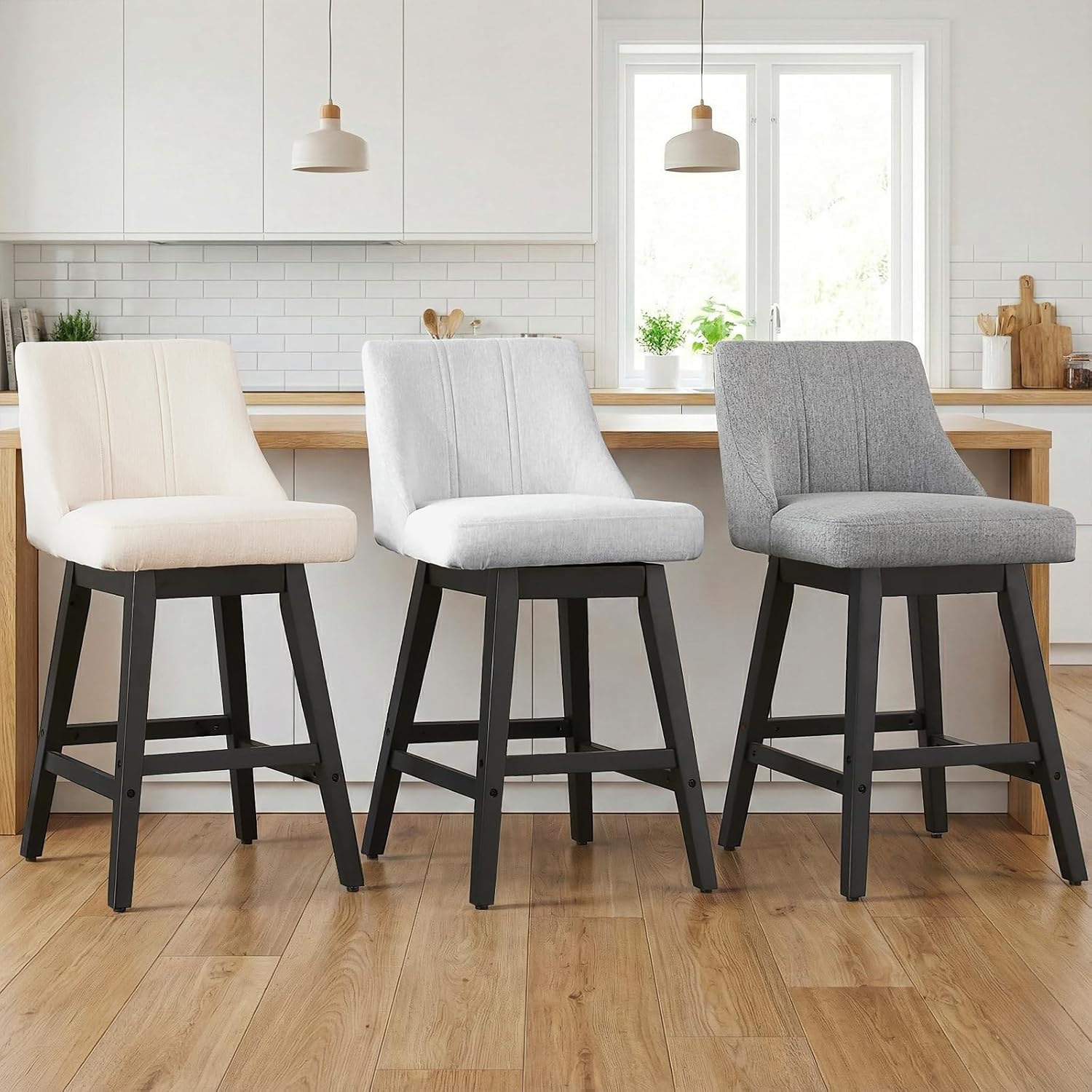 27'' Counter Height Bar Stools Set of 2, Swivel Bar Stools with Backs, Modern Fabric Bar Stools for Kitchen Island, Solid Wood Legs, Adjustable Feet (Fabric - Dark Gray, Set of 2-27" H)