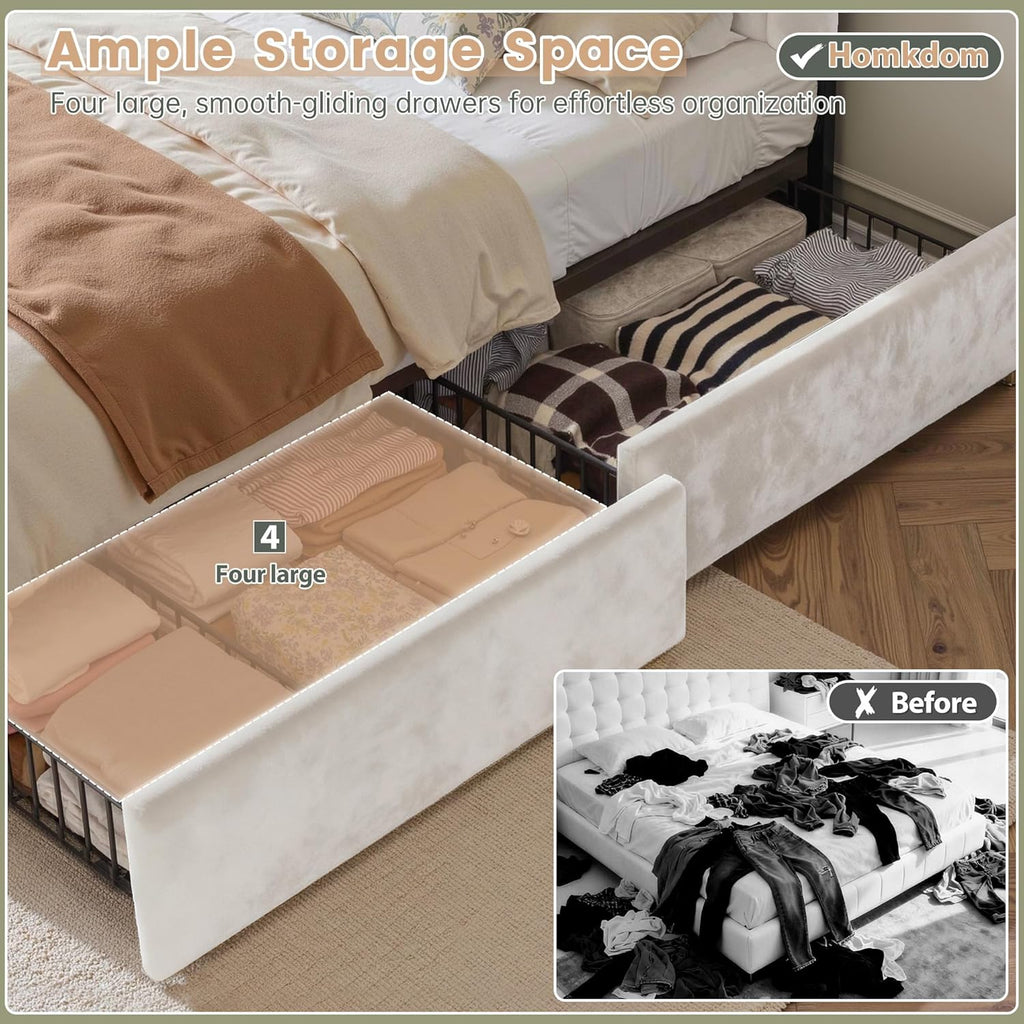 Velvet Upholstered King Size Bed Frame with 4 Storage Drawers, Vertical Arched LED Headboard, Sturdy Wood Slats Support, No Box Spring Needed, Beige