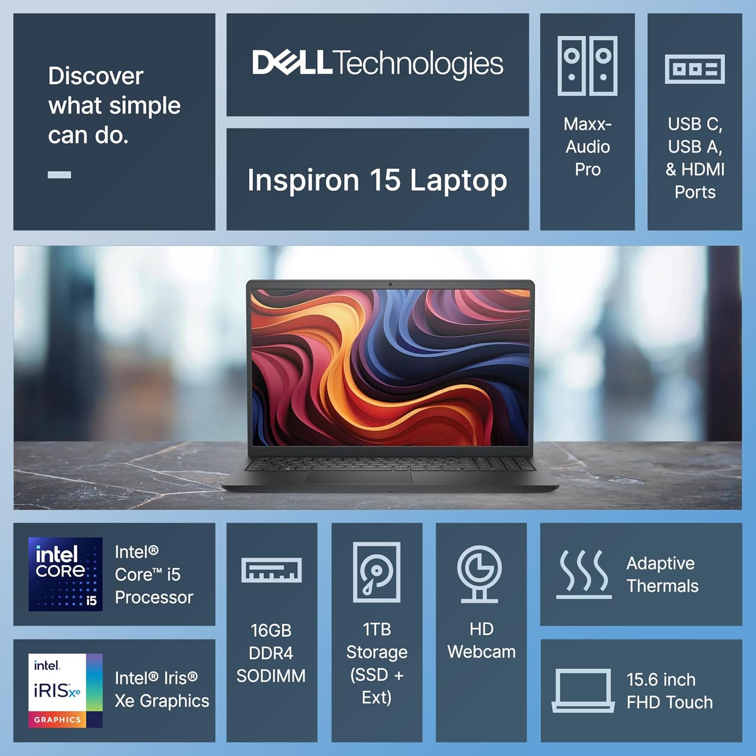 Dell Inspiron 15 Touchscreen Laptop for 2025-2026 Business Student Home  AI Computer  15.6" FHD  10-Core Intel i5  16GB RAM  1TB Storage (512GB SSD+500GB Ext) MarxsolAddon  Win 11 Pro  Lifetime Office