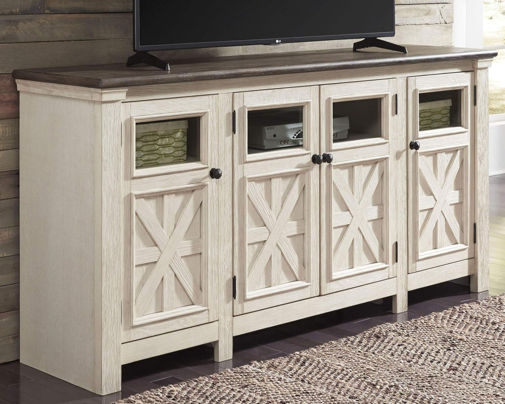 Signature Design by Ashley Bolanburg Extra Large TV Stand, Fits TVs up to 72", 3 Cabinets, Adjustable Storage Shelves, 74.13", Whitewash & 2-Tone Finish