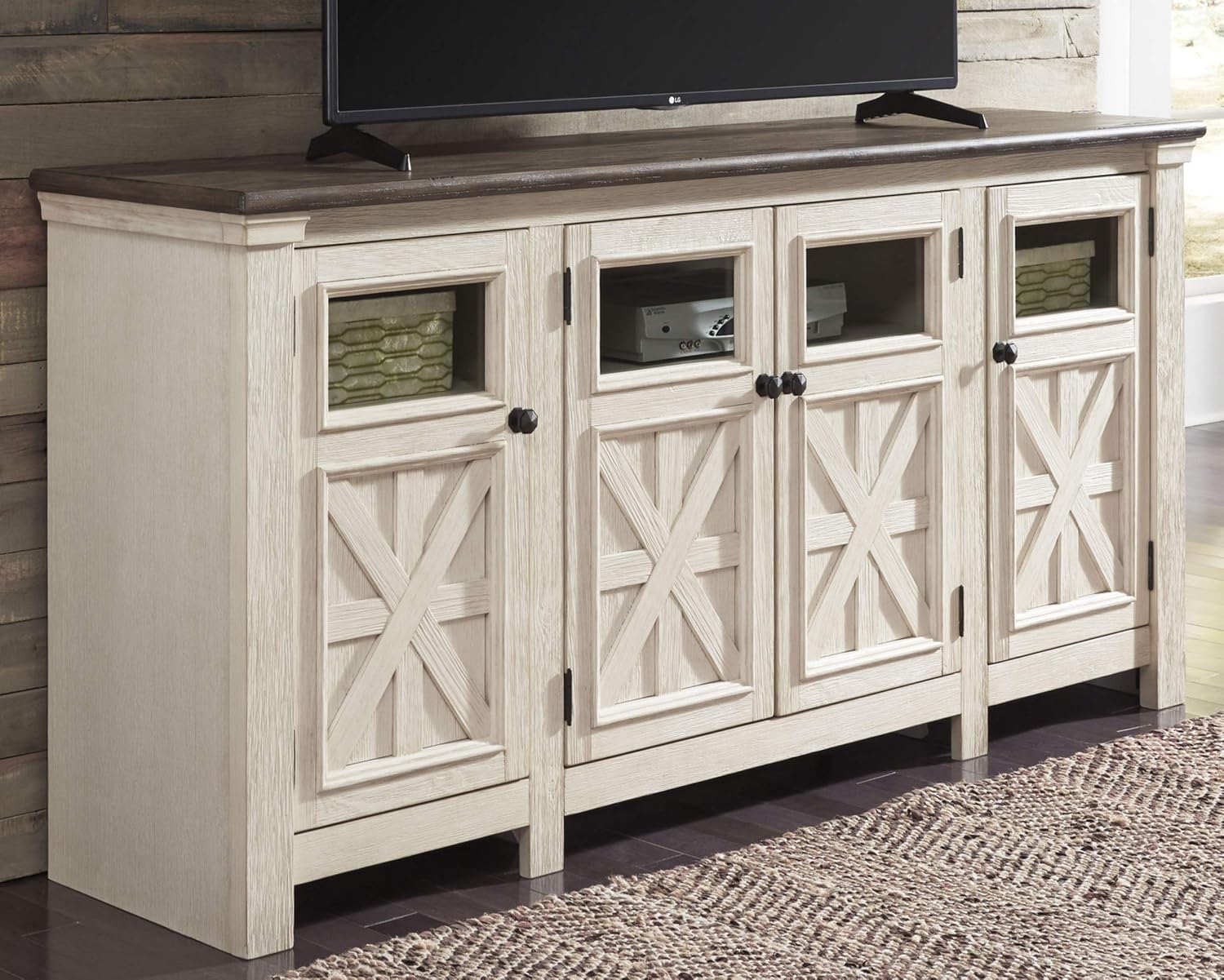 Signature Design by Ashley Bolanburg Extra Large TV Stand, Fits TVs up to 72", 3 Cabinets, Adjustable Storage Shelves, 74.13", Whitewash & 2-Tone Finish