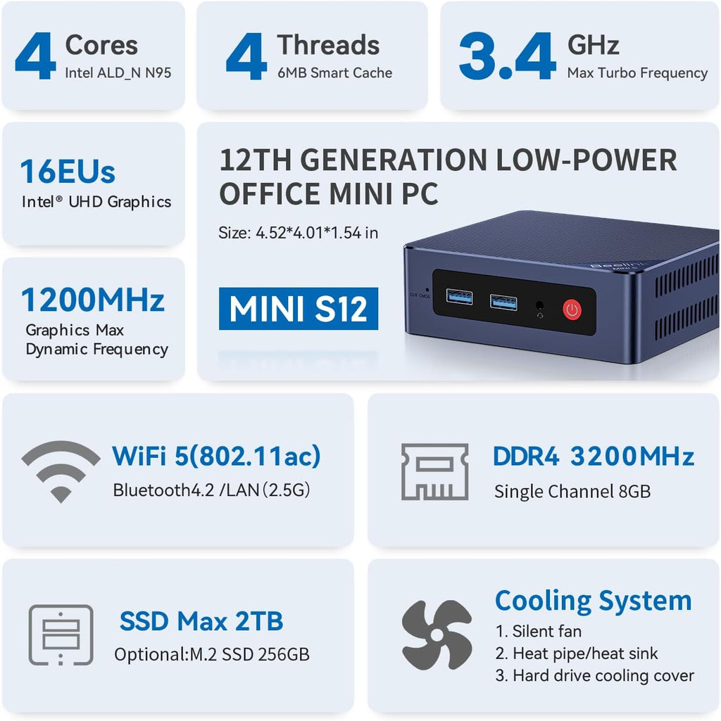 Beelink Mini PC  Mini S12 Intel 12th Gen 4-Core N95(up to 3.4GHz)  Mini Computer 16GB DDR4 RAM 500GB SSD  Desktop PC Dual HDMI 4K UHD/2.5GBps/Dual WiFi5/BT4.2/HTPC/W11 Home
