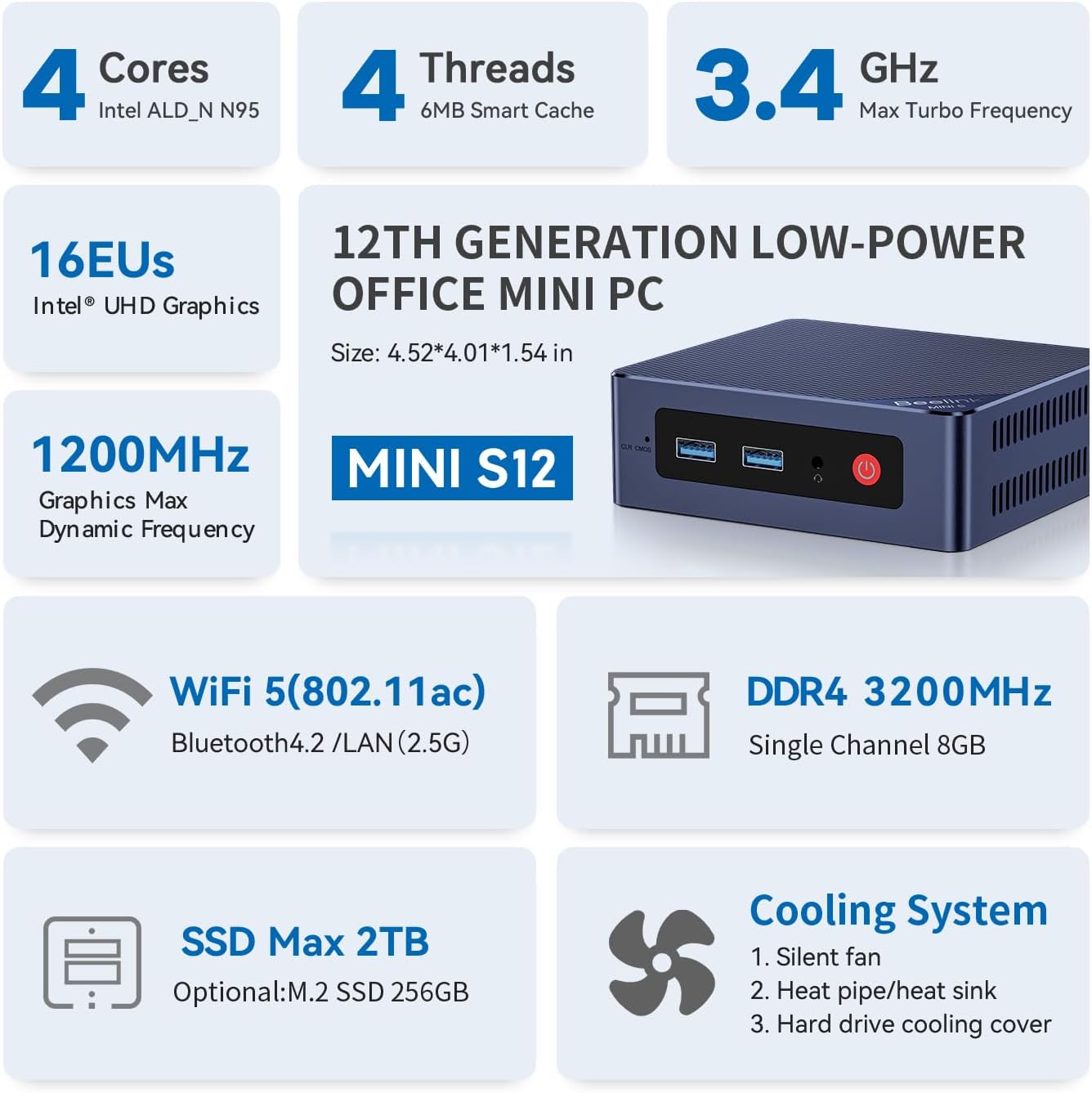 Beelink Mini PC  Mini S12 Intel 12th Gen 4-Core N95(up to 3.4GHz)  Mini Computer 16GB DDR4 RAM 500GB SSD  Desktop PC Dual HDMI 4K UHD/2.5GBps/Dual WiFi5/BT4.2/HTPC/W11 Home
