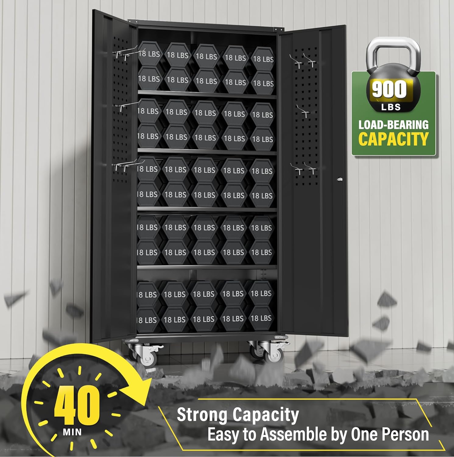 Greenvelly Metal Storage Cabinet with Wheels,72" Black Garage Storage Cabinet with Pegboards and Wheels, Rolling Tool Cabinet with Locking Doors and Shelves for Home,Basement, Kitchen