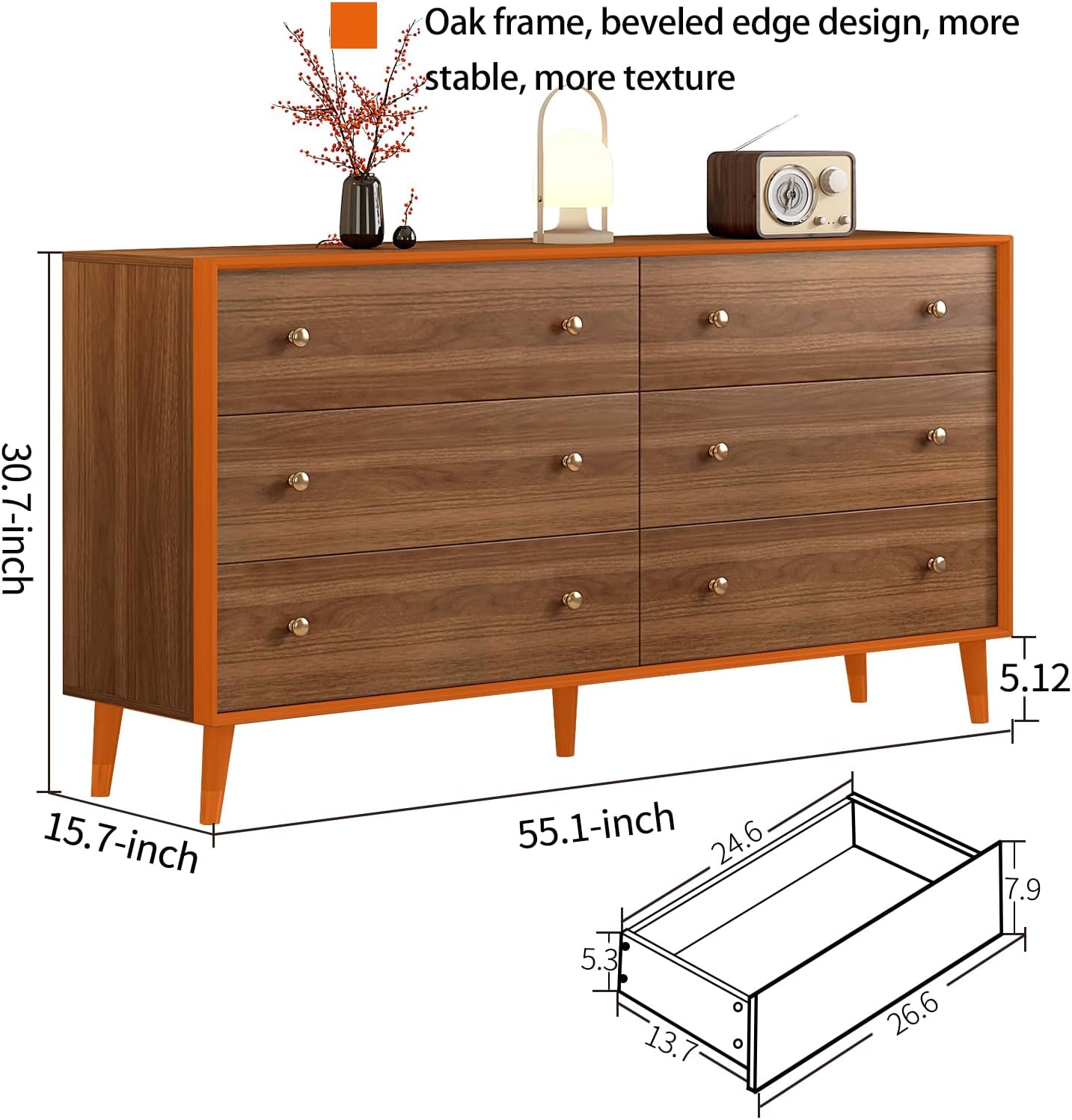 6 Drawer Dresser for Bedroom, 55 Inch Walnut Dresser for Closet, Mid Century Wood Chest of Drawers with Natural Texture & Pre-Embedded Slots for TV Stand, Living Room, Hallway, Office
