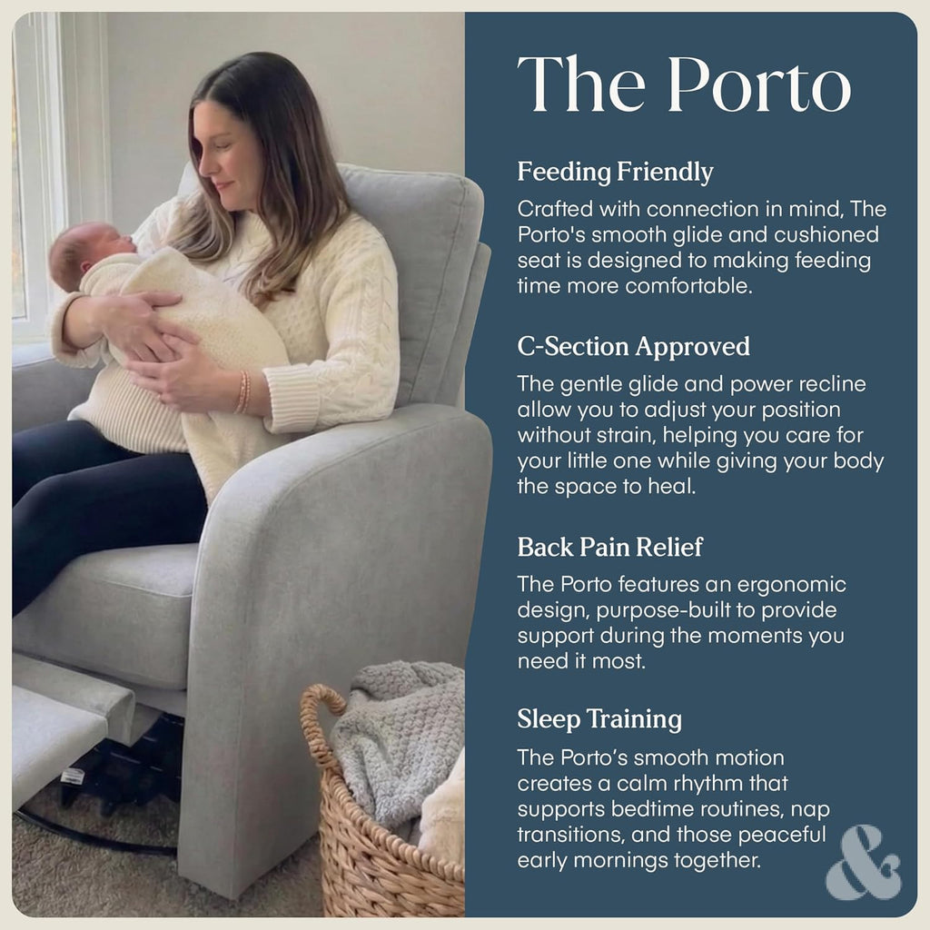 Nurture& The Porto Power Glider Recliner for Nursery | Modern Glider Chair with Power Recline | Built - in USB Charging Port | Space-Saving Design for Small Nurseries and Shared Spaces, Grey