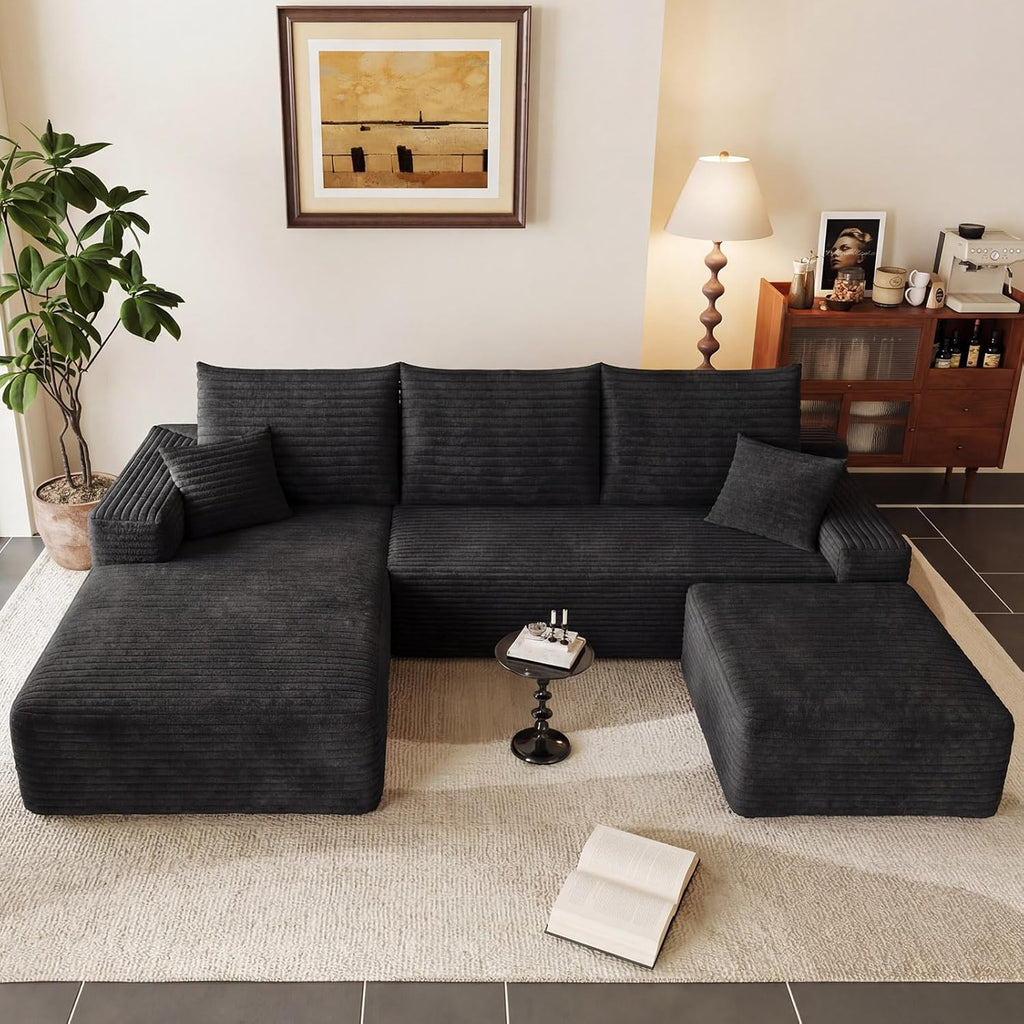 95" U-Shape Cloud Couch, Modern Modular Sectional L-Shape Sofa with Ottoman, Corduroy Upholstered Couches Deep Seat Sleeper Chaise Longue for Living Room, No Assembly Required(Black, Left Facing)