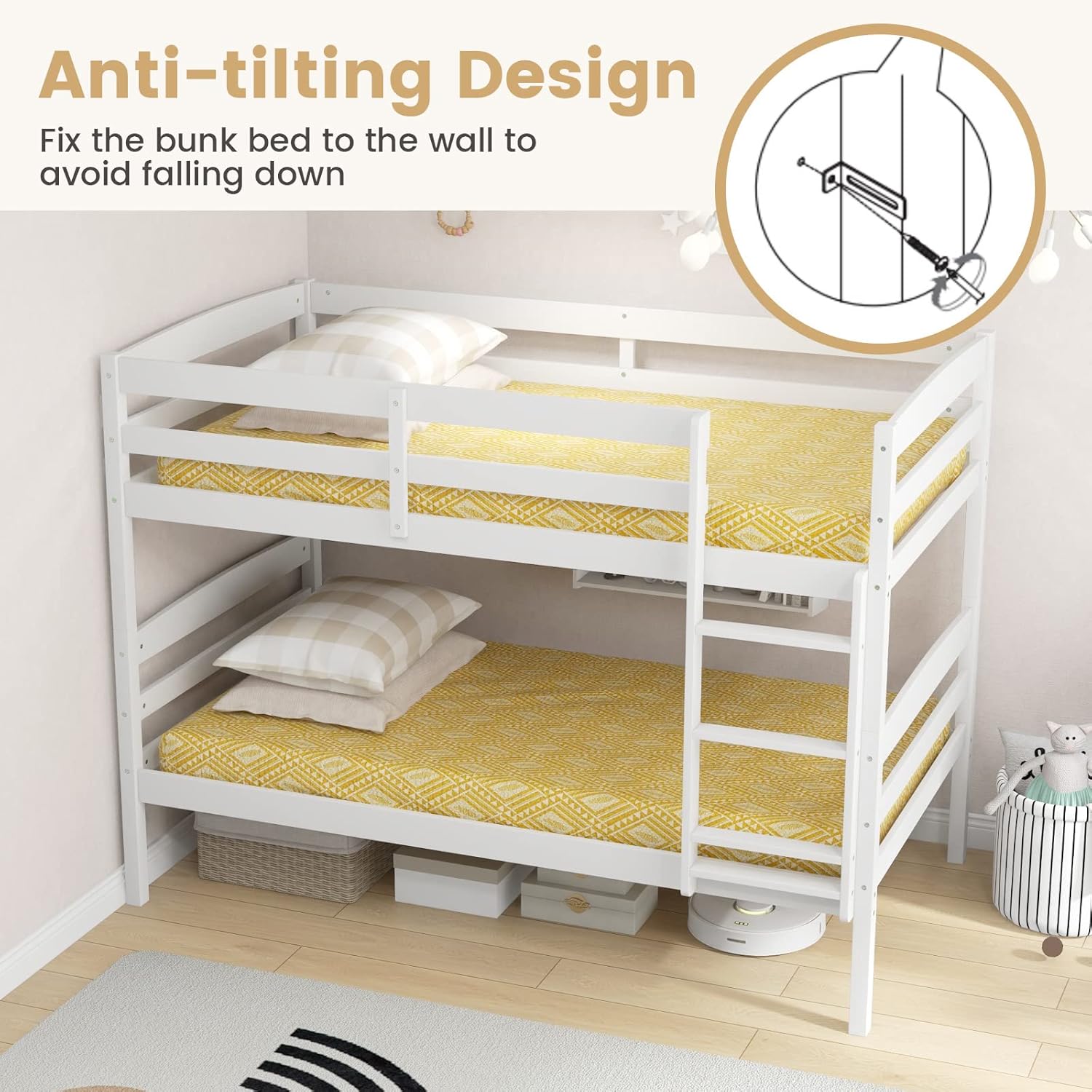 KOMFOTT Bunk Bed Twin Over Twin, Bunk Bed Frame w/Full-Length Guardrail & Integrated Ladder, Wood Bunk Bed for Small Space, Converts to 2 Individual Beds for Kids & Adults, No Box Spring Needed
