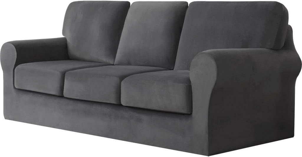 7 Pieces Velvet High Stretch Sofa Covers for 3 Cushion Couch Sofa Slipcovers, Washable Furniture Protector with Drawstring Anti-Slip Bottom, Soft and Plush Fabric for Kids and Pet (Dark Gray)