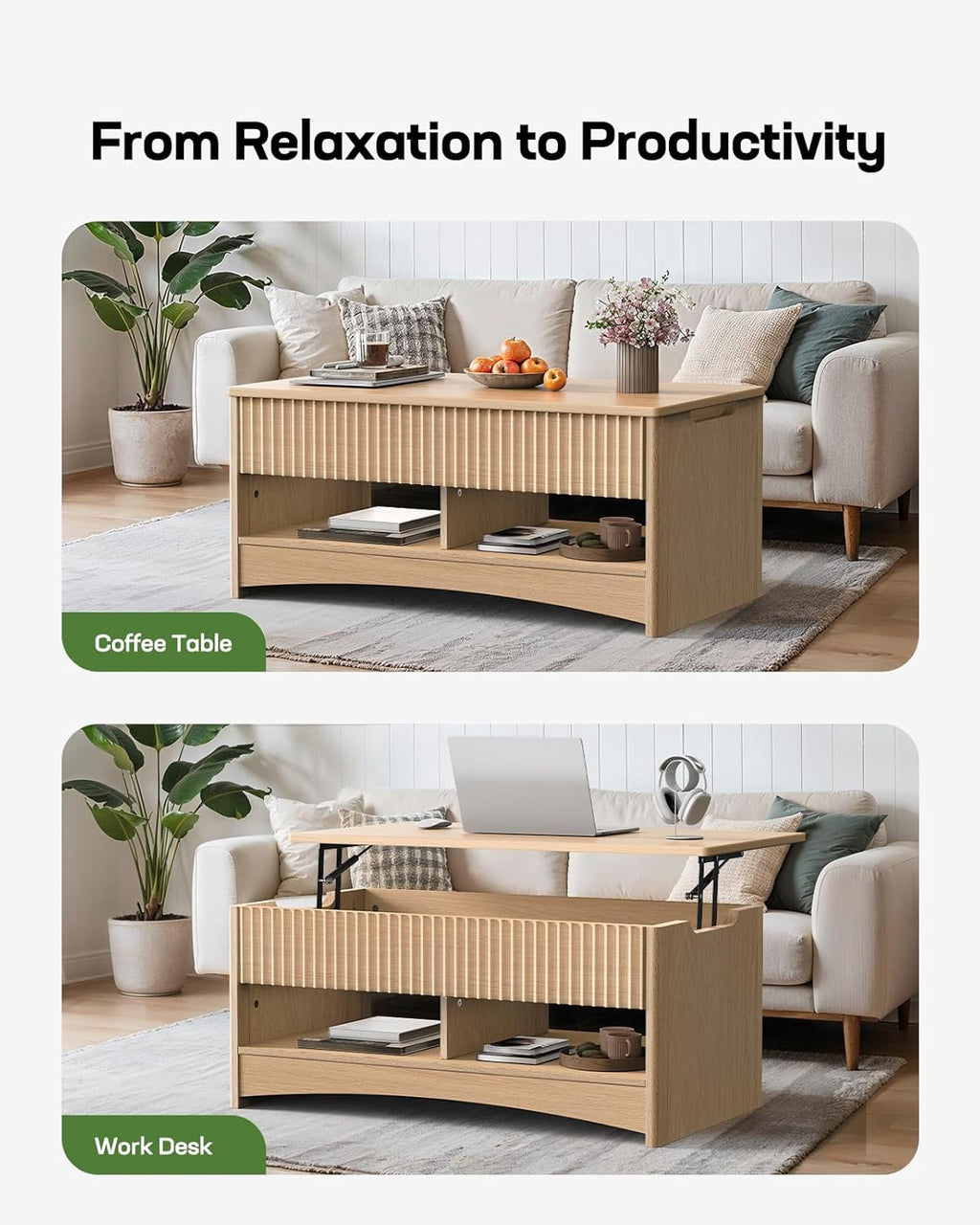 Marsail Lift Top Coffee Table with Open & Hidden Storage, Modern Fluted Coffee Table with Smooth Lift Mechanism, Sturdy Space-Saving Center Table for Home Living Room, Office, Natural Oak
