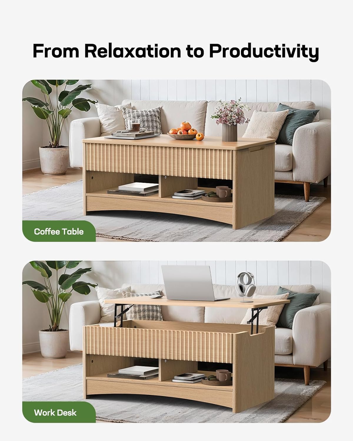 Marsail Lift Top Coffee Table with Open & Hidden Storage, Modern Fluted Coffee Table with Smooth Lift Mechanism, Sturdy Space-Saving Center Table for Home Living Room, Office, Natural Oak