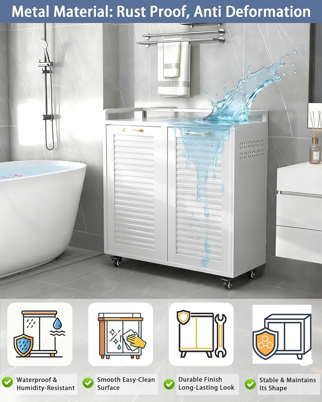 Double Tilt Out Laundry Hamper Cabinet, Locking Caster Metal Frame, Waterproof Rustproof Iron, Space-Saving Hidden Hamper, 33Gal 2-Compartment, Tilt Out Trash Can for Bathroom Family Use