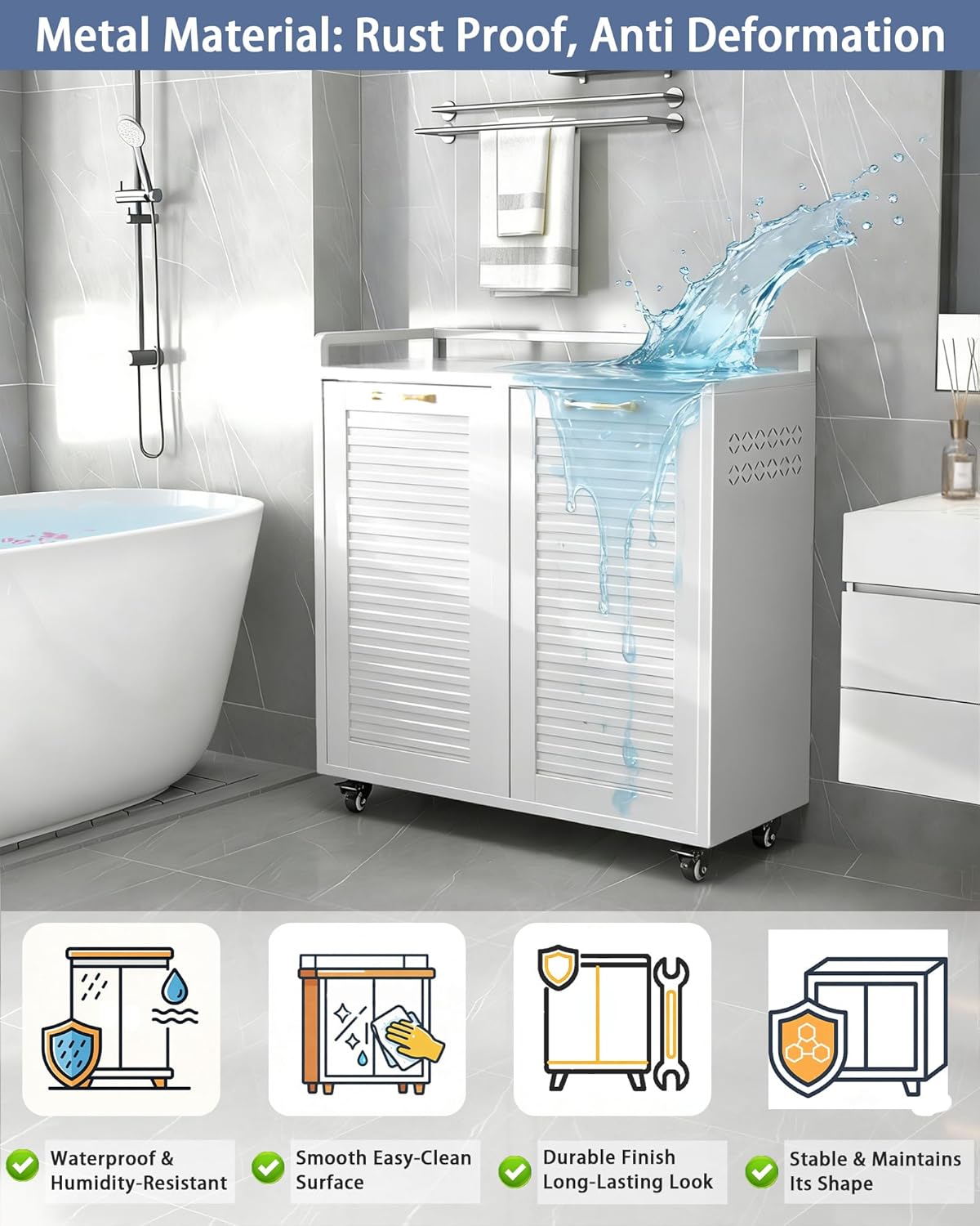 Double Tilt Out Laundry Hamper Cabinet, Locking Caster Metal Frame, Waterproof Rustproof Iron, Space-Saving Hidden Hamper, 33Gal 2-Compartment, Tilt Out Trash Can for Bathroom Family Use