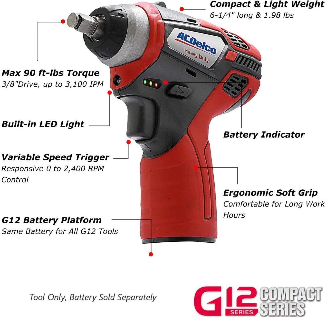ACDelco ARW1209-K14 G12 Series 12V Li-ion Cordless 3/8” Rachet Wrench & Impact Wrench Combo Tool Kit