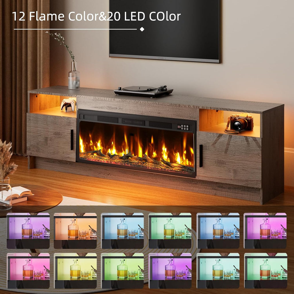 Fireplace TV Stand with 36" Fireplace Up to 80" TV, 70" Entertainment Center with LED Lights, Remote Control, TV Media Console with Storage Cabinets for Living Room, Grey