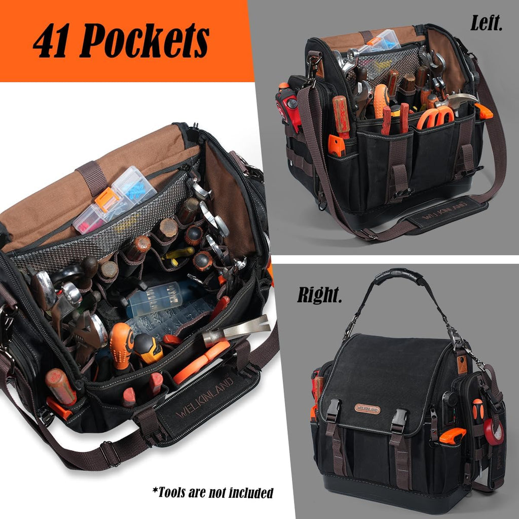 WELKINLAND 41-Pocket Electrician Tool Bag, 14-Inch HVAC Tools Bag, Heavy-Duty Waxed Canvas Tools Bags, Hard Bottom Tool Bags, Stay-up top-open Tool Bag, Quick-Access Tool Bags For Men