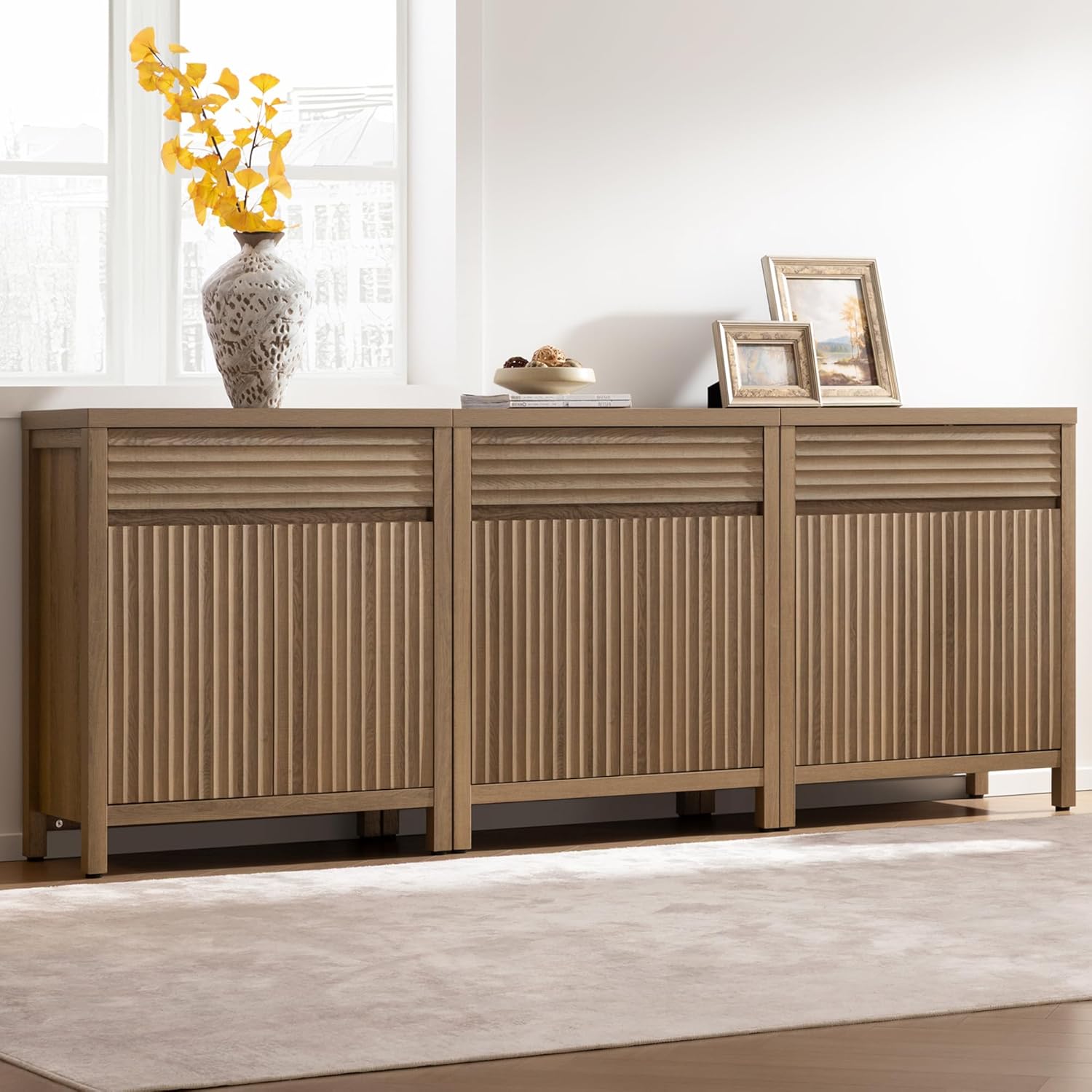 SICOTAS Fluted Buffet Cabinet with Storage - 87" Large Sideboard Modern Storage Cabinet Accent Coffee Bar Console Table with Drawers & Adjustable Shelves for Kitchen Living Room Entryway, Caramel Oak