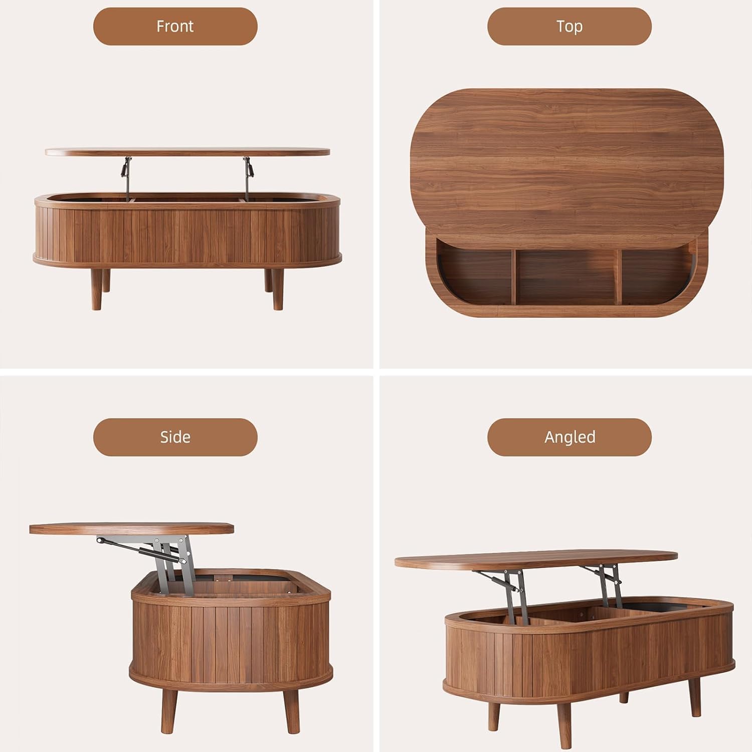Easyego Oval Lift Top Coffee Table with Storage, 40" Fluted Modern Hidden Compartment Center Table for Living Room, Small Space Apartment, Home Office Desk, Walnut
