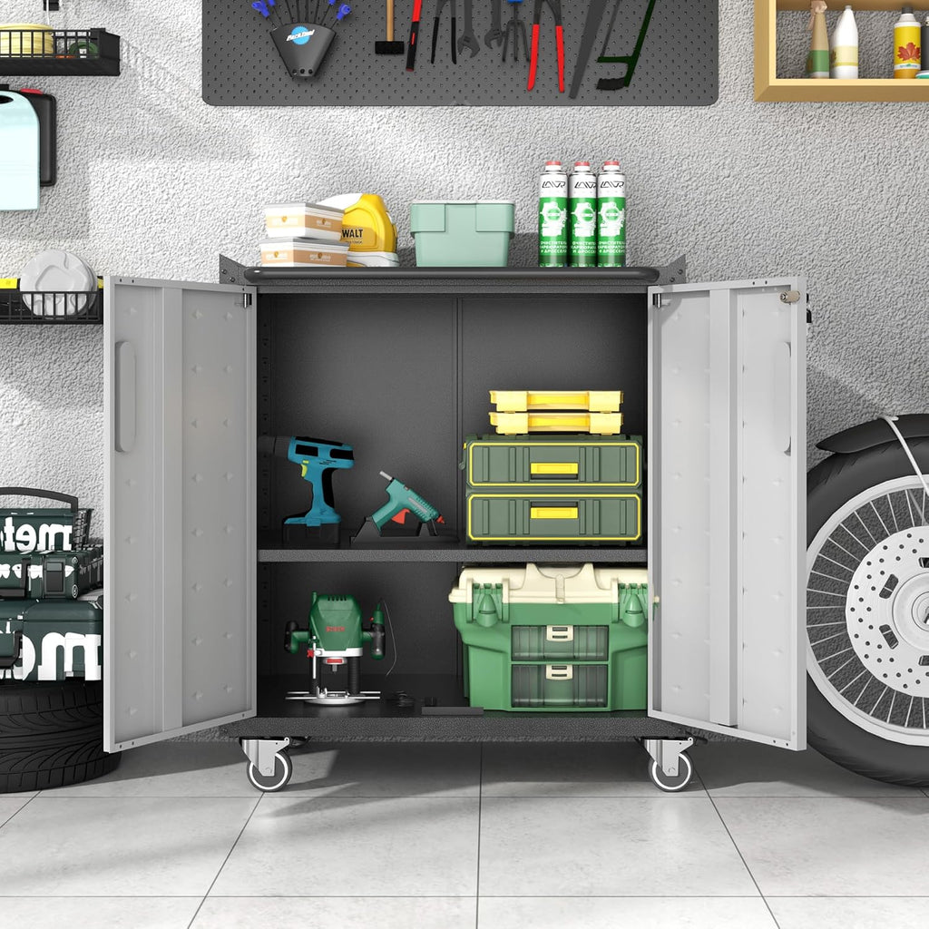 Metal Storage Cabinet with Wheels, Rolling Tool Cabinet with Doors and Shelves, Lockable Garage Storage Cabinet, Assembly Required (Black & Grey)