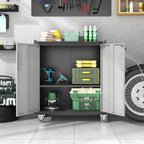 Metal Storage Cabinet with Wheels, Rolling Tool Cabinet with Doors and Shelves, Lockable Garage Storage Cabinet, Assembly Required (Black & Grey)