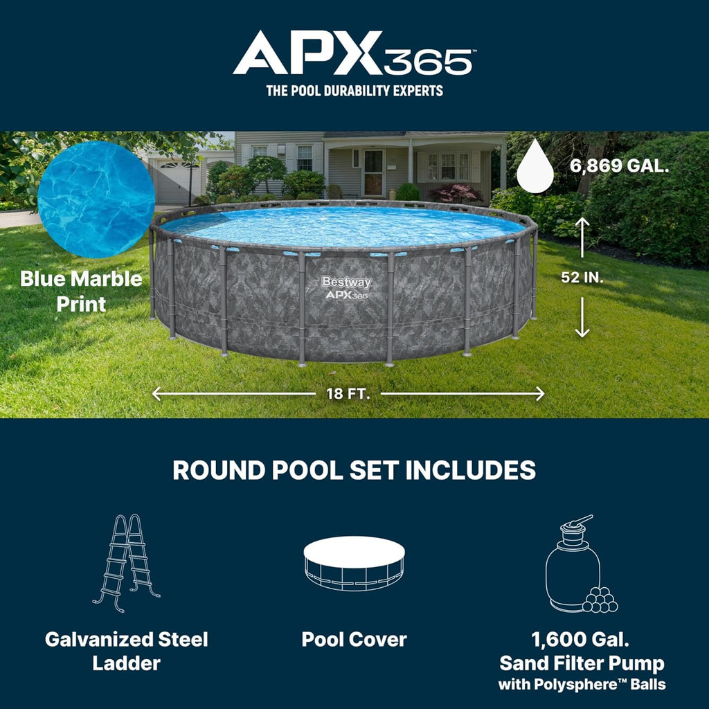 Bestway APX 365 18' x 52" Above Ground Pool  Round Metal Frame Outdoor Swimming Pool Set with Sand Filter Pump  Ladder  and Cover  Dark Marble