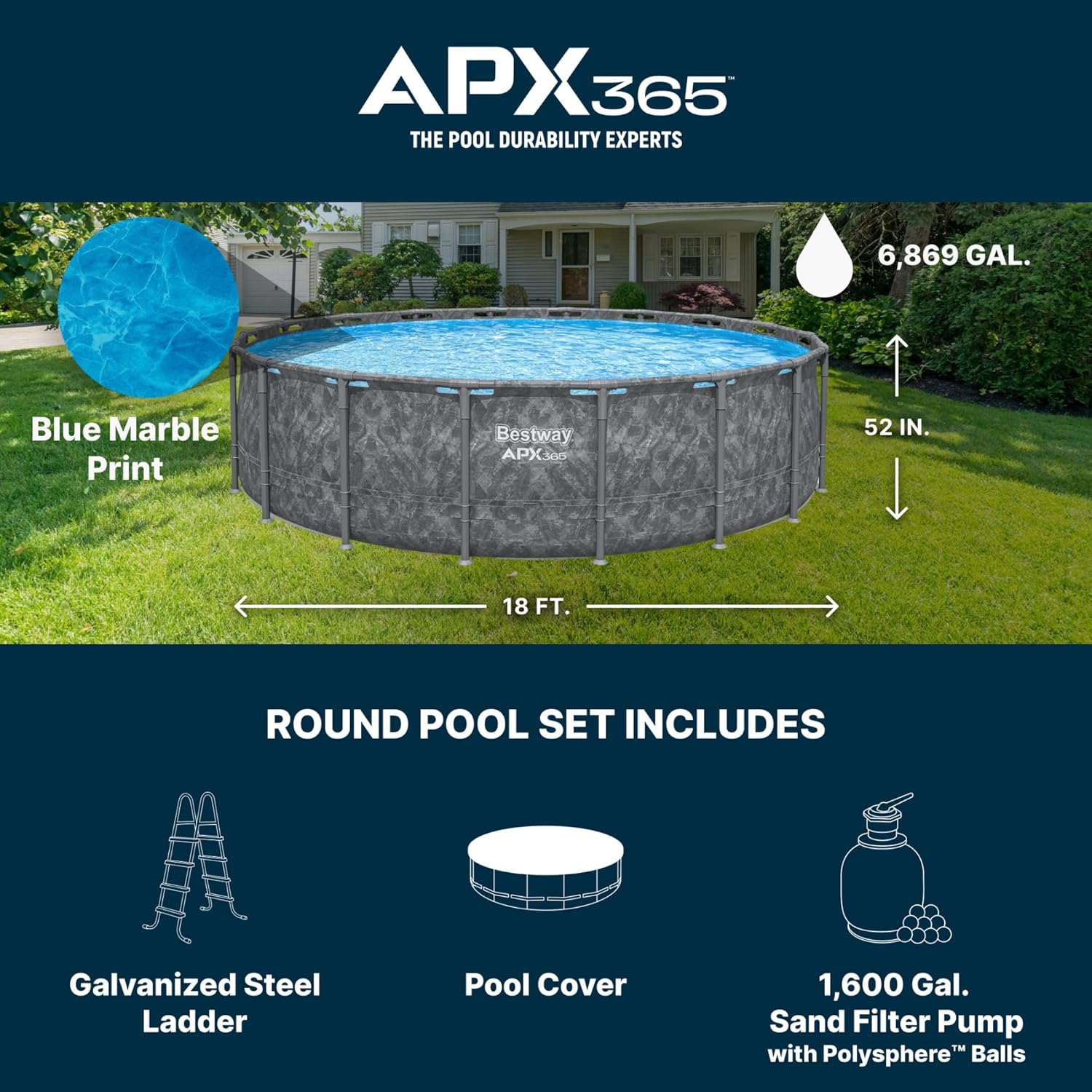 Bestway APX 365 18' x 52" Above Ground Pool  Round Metal Frame Outdoor Swimming Pool Set with Sand Filter Pump  Ladder  and Cover  Dark Marble