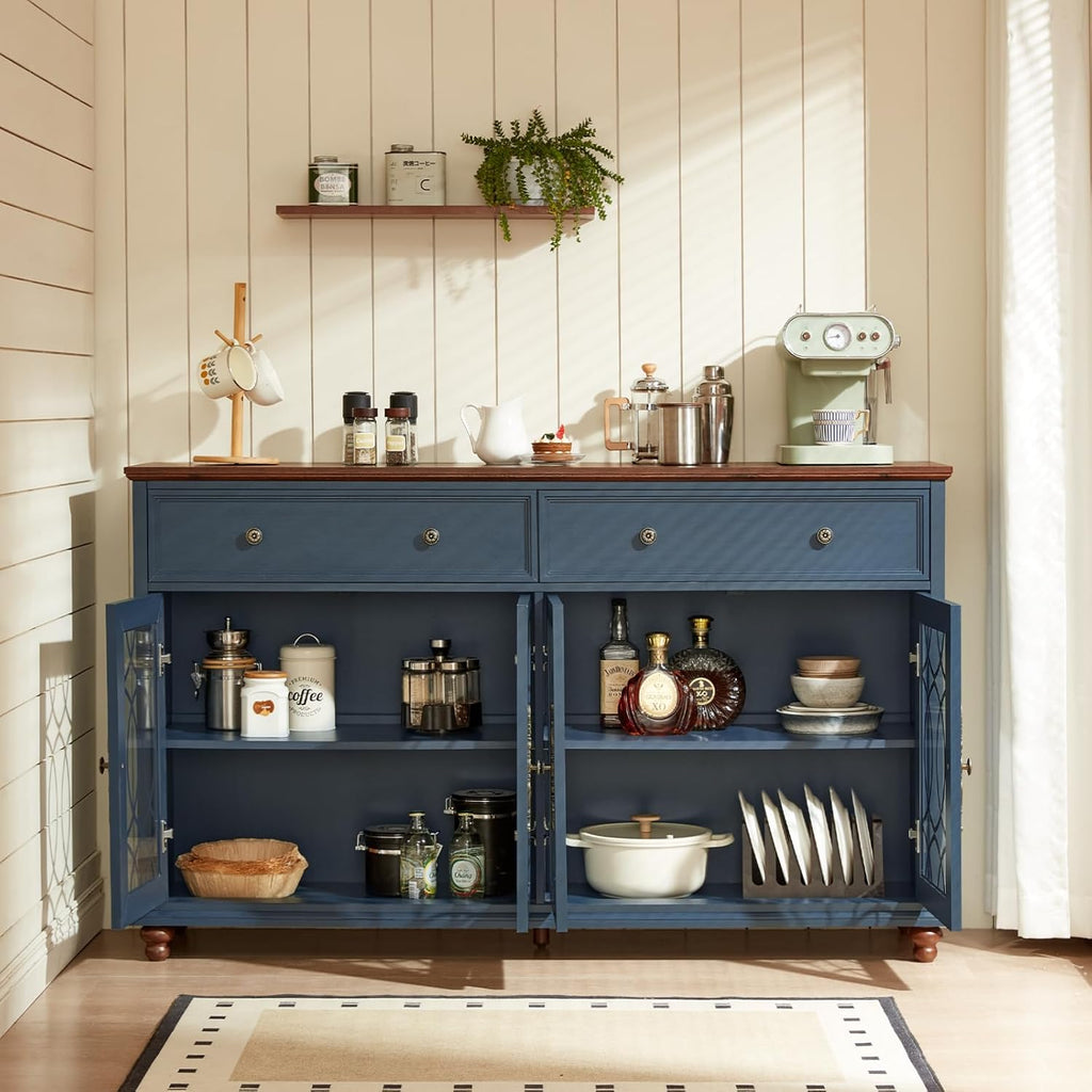 Joaxswe Farmhouse Sideboard Buffet Cabinet with Storage,59" Large Credenza with 4 Glass Doors & 2 Drawers,Adjustable Shelves Console Table,Wood Kitchen Coffee Bar for Dining Room,Living Room,Navy Blue
