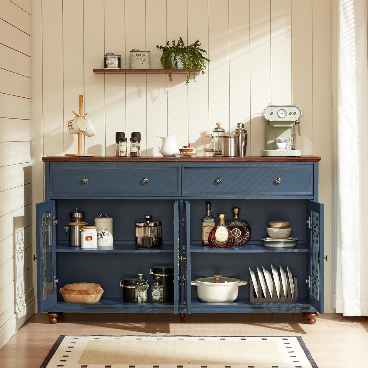 Joaxswe Farmhouse Sideboard Buffet Cabinet with Storage,59" Large Credenza with 4 Glass Doors & 2 Drawers,Adjustable Shelves Console Table,Wood Kitchen Coffee Bar for Dining Room,Living Room,Navy Blue