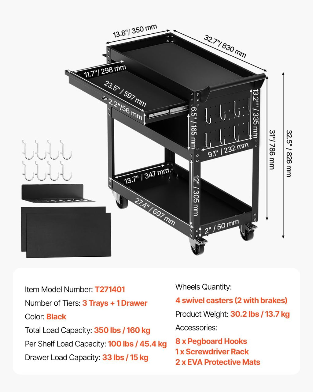 VEVOR 4-Tier Tool Cart with Wheels, 350 lbs Load Capacity, Rolling Work Cart with Drawer & Pegboard, Mechanic Tool Storage Organizer with Locking System for Garage, Warehouse and Repair Shop, Black