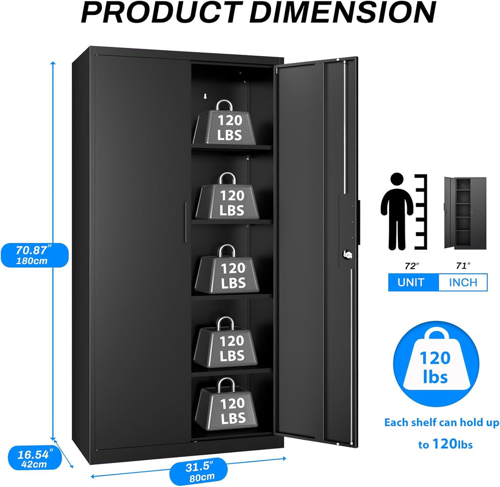 Metal Garage Storage Cabinet with Lock, 71" Tall Steel Storage Locker with 4 Adjustable Shelves, Heavy Duty Metal Cabinet for Garage, Office, Home, 31.5”W × 16.5”D, Black