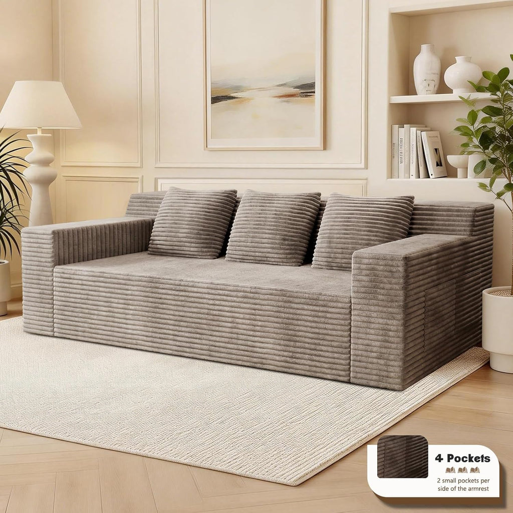 Kurhwyss 71" Corduroy Living Room Sofa, 3 Setaser Deep Seat Couch with 3 Lumbar Pillows, Comfy Boneless Sofa Modern Compressed Couch for Bedroom, Office, Apartment, No Assembly, Flat Armrests (Camel)