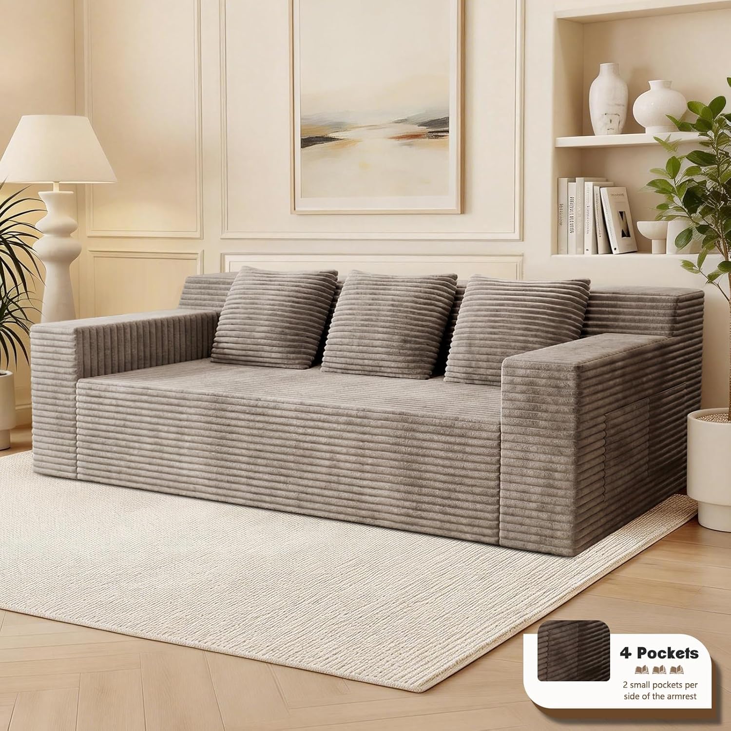 Kurhwyss 71" Corduroy Living Room Sofa, 3 Setaser Deep Seat Couch with 3 Lumbar Pillows, Comfy Boneless Sofa Modern Compressed Couch for Bedroom, Office, Apartment, No Assembly, Flat Armrests (Camel)