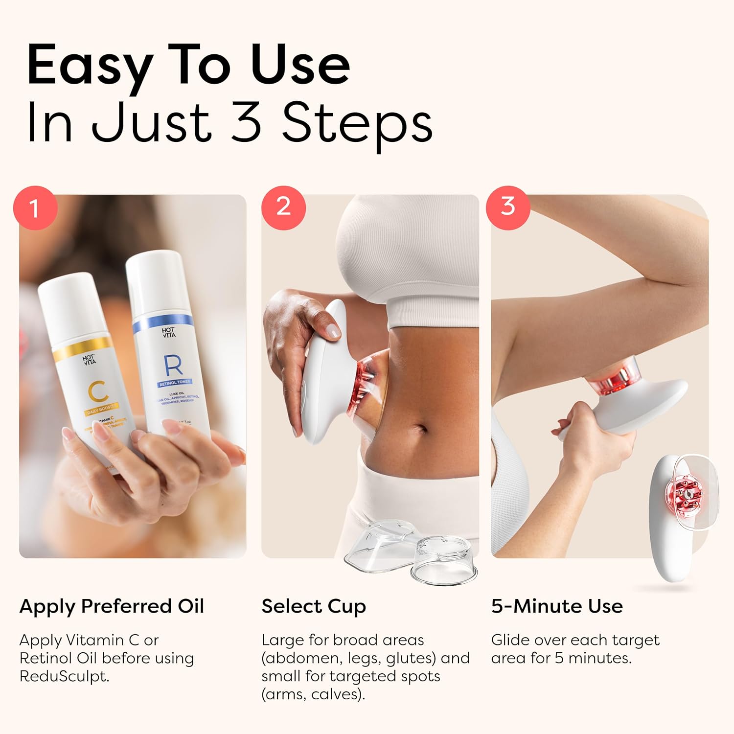 Redu Sculpt Body Care Device with Vitamin C & Retinol Oils – 3-Piece Cosmetic Toning & Massage Bundle for Smoother-Looking Skin