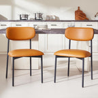 Brown Faux Leather Dining Chairs Set of 4, Armless Upholstered Kitchen Chairs with Wood Grain Back, Modern Dining Room Chairs with Curved Backrest & Black Metal Legs