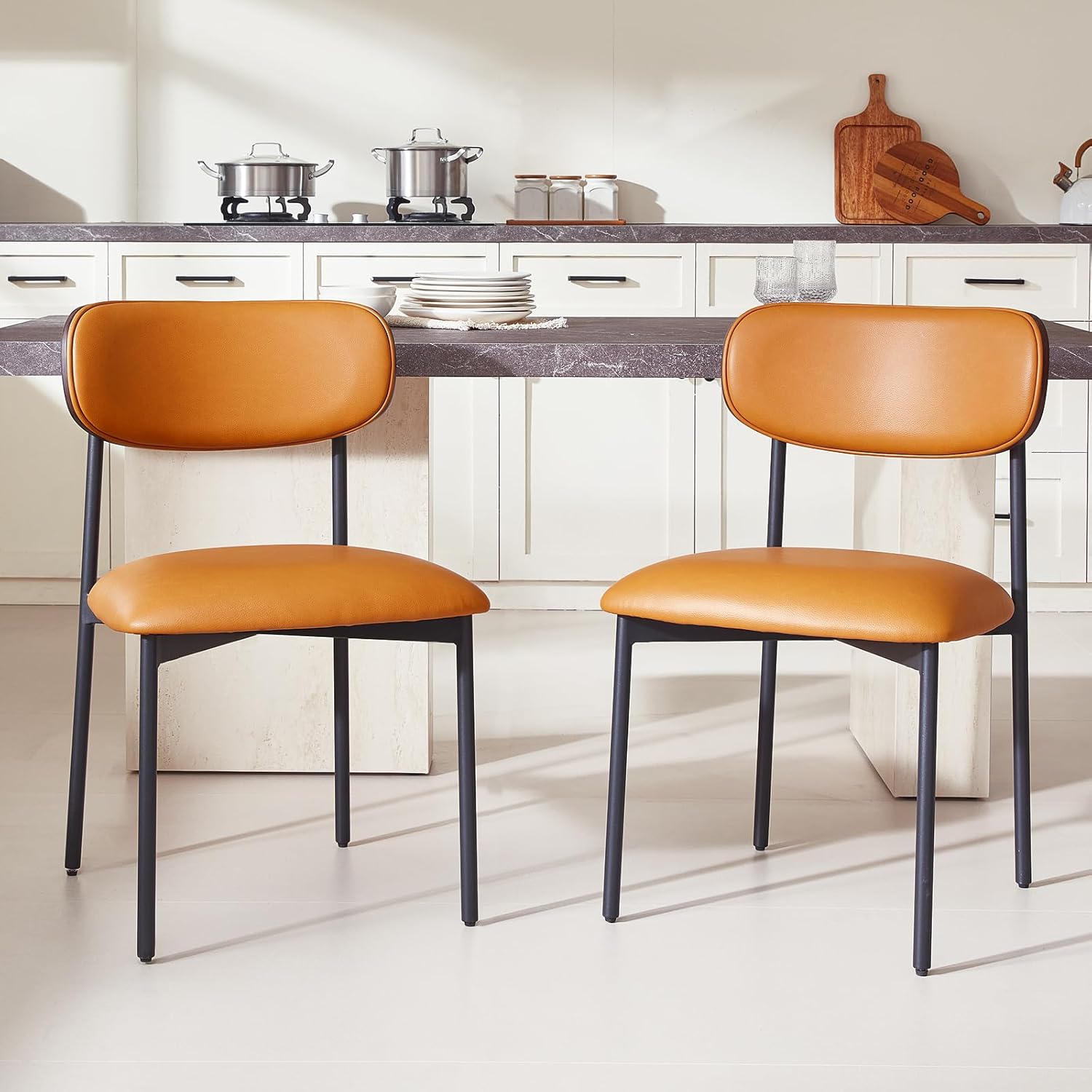 Brown Faux Leather Dining Chairs Set of 4, Armless Upholstered Kitchen Chairs with Wood Grain Back, Modern Dining Room Chairs with Curved Backrest & Black Metal Legs