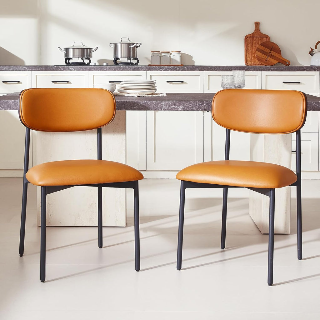 Brown Faux Leather Dining Chairs Set of 4, Armless Upholstered Kitchen Chairs with Wood Grain Back, Modern Dining Room Chairs with Curved Backrest & Black Metal Legs