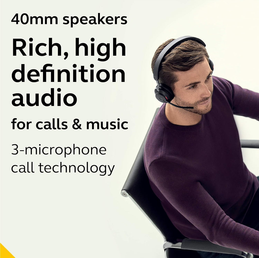 Jabra Evolve2 65 MS Wireless Headphones with Link380a  Stereo  Black – Wireless Bluetooth Headset for Calls and Music  37 Hours of Battery Life  Passive Noise Cancelling Headphones